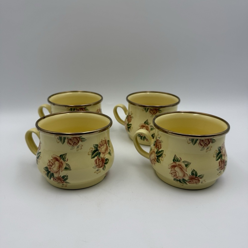Set Of 4 Mackenzie Childs Floral Enamel Mugs Tea Cups Cottagecore Garden